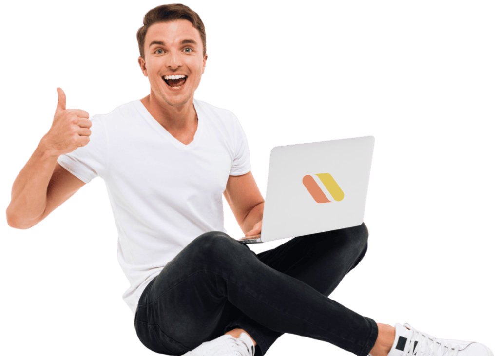 Jolly guy giving a thumbs up with an open laptop in his lap