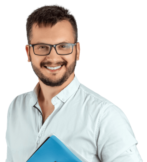 Headshot of bearded guy holding a just visible folder