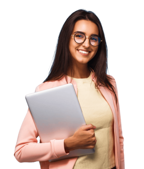 Spectacled lady holding closed laptop to her chest