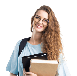 Long haired lady clutching a large book and folder